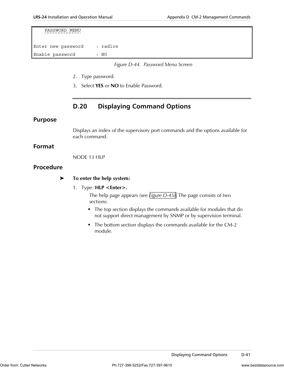 D.20 displaying command options, Purpose, Format | Procedure | RAD Data comm LRS-24 User Manual | Page 143 / 150