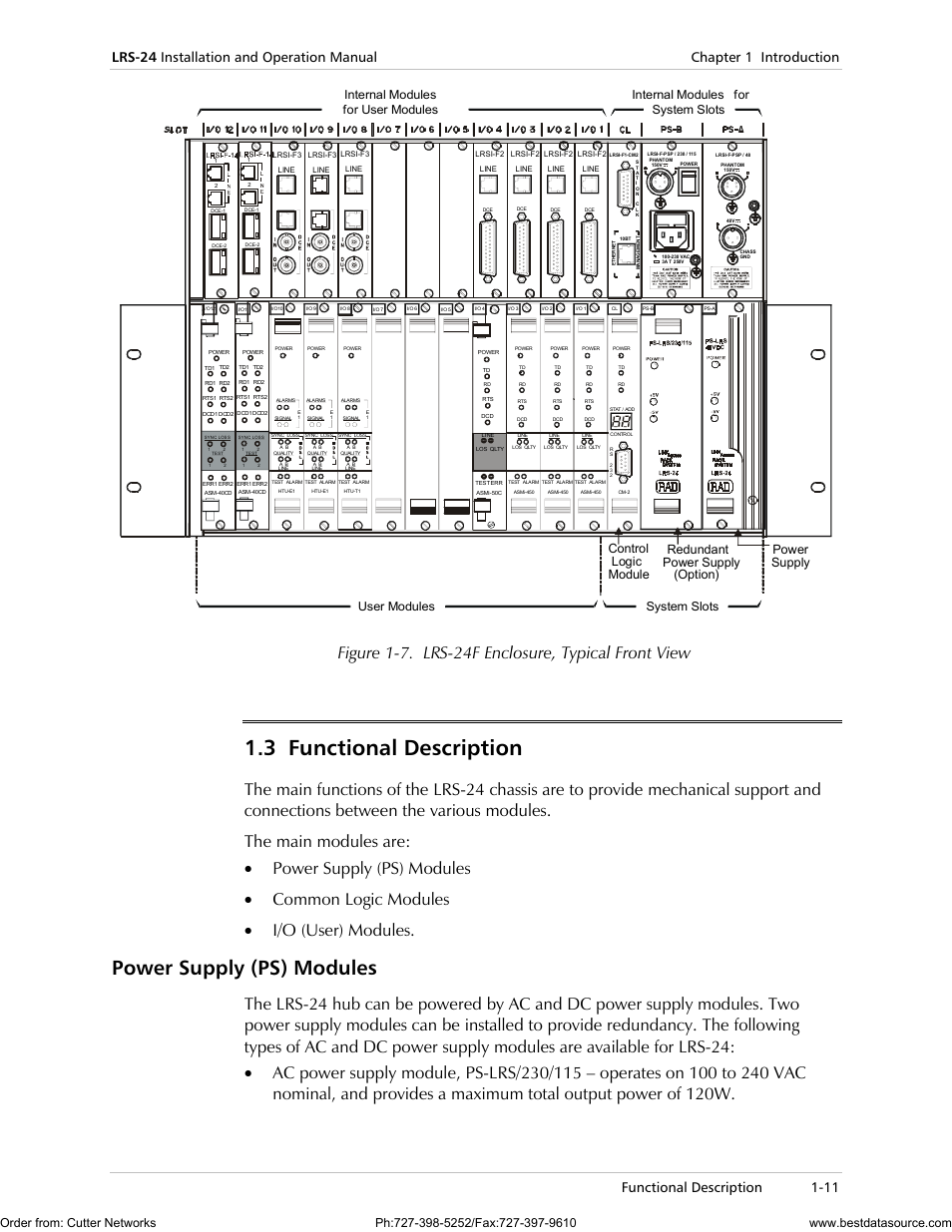 3 functional description, Power supply (ps) modules, Figure 1-7. lrs-24f enclosure, typical front view | RAD Data comm LRS-24 User Manual | Page 23 / 150