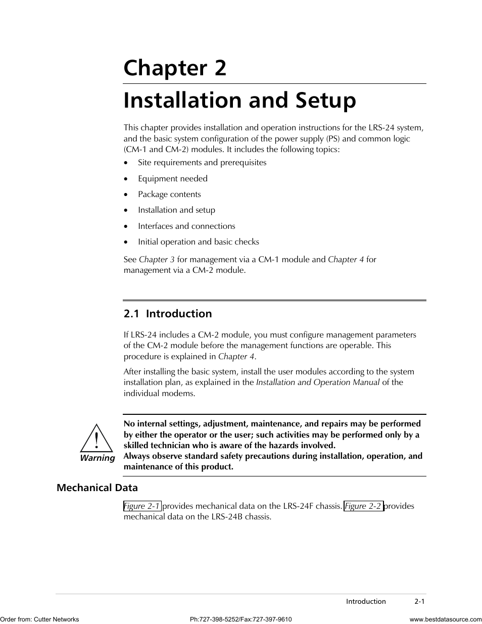 Installation and setup, Chapter 2 installation and setup | RAD Data comm LRS-24 User Manual | Page 29 / 150