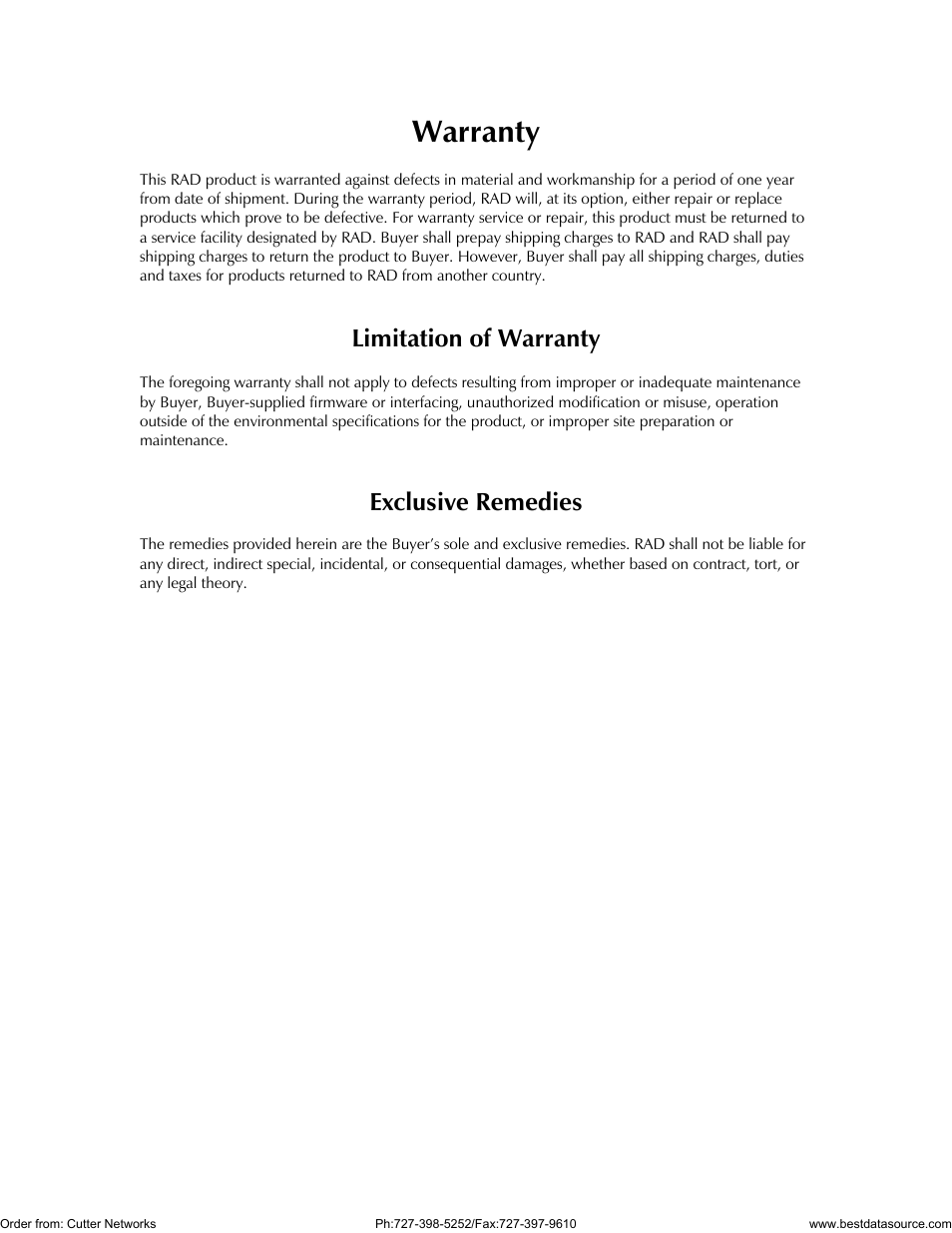 Warranty, Limitation of warranty, Exclusive remedies | RAD Data comm LRS-24 User Manual | Page 3 / 150