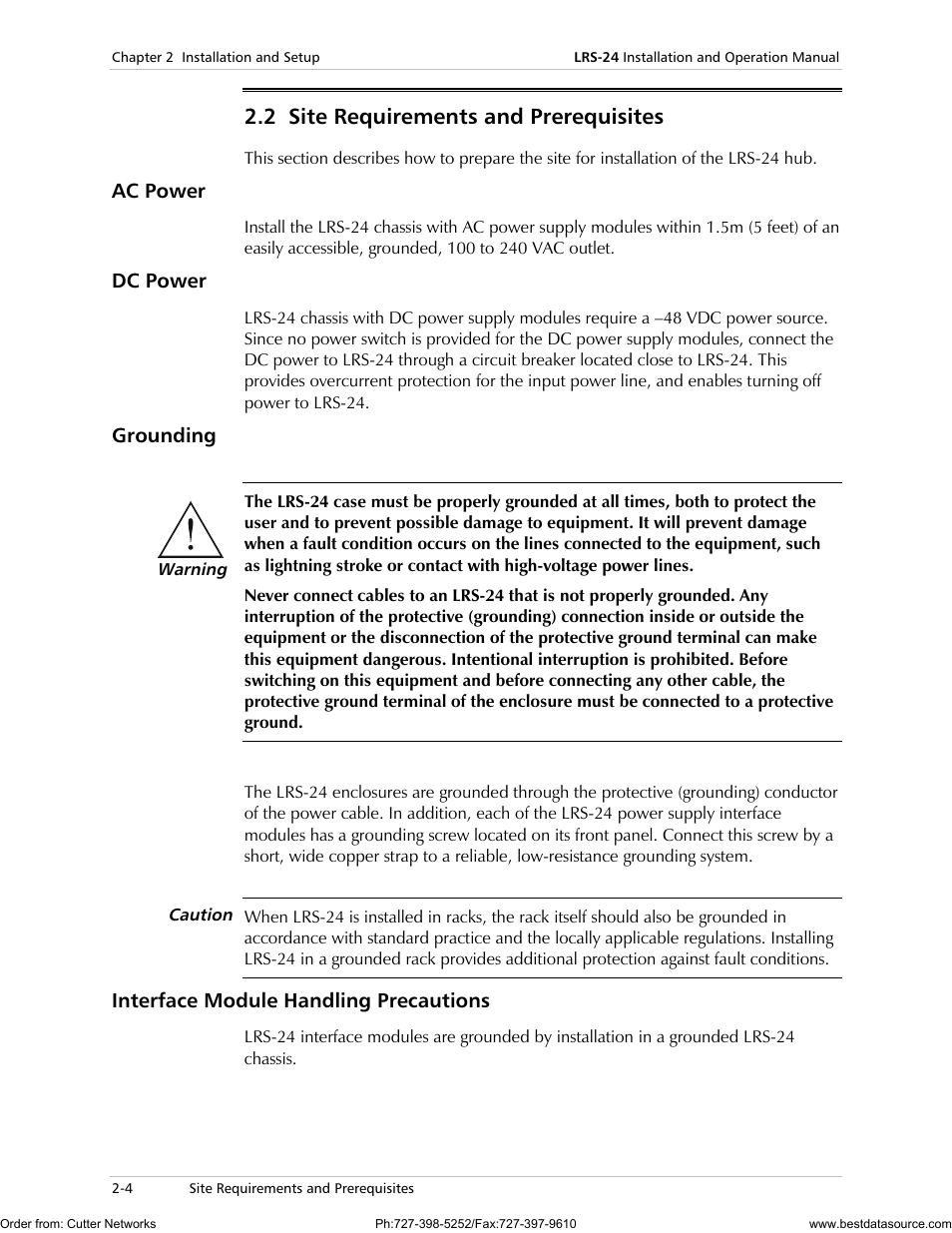 2 site requirements and prerequisites, Ac power, Dc power | Grounding, Interface module handling precautions | RAD Data comm LRS-24 User Manual | Page 32 / 150