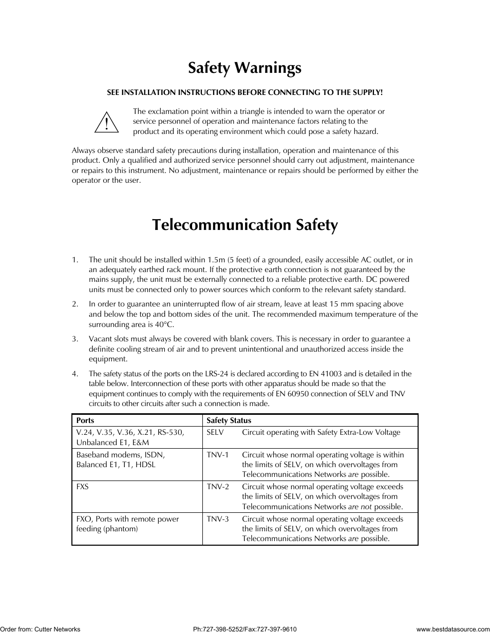 Safety warnings, Telecommunication safety | RAD Data comm LRS-24 User Manual | Page 4 / 150