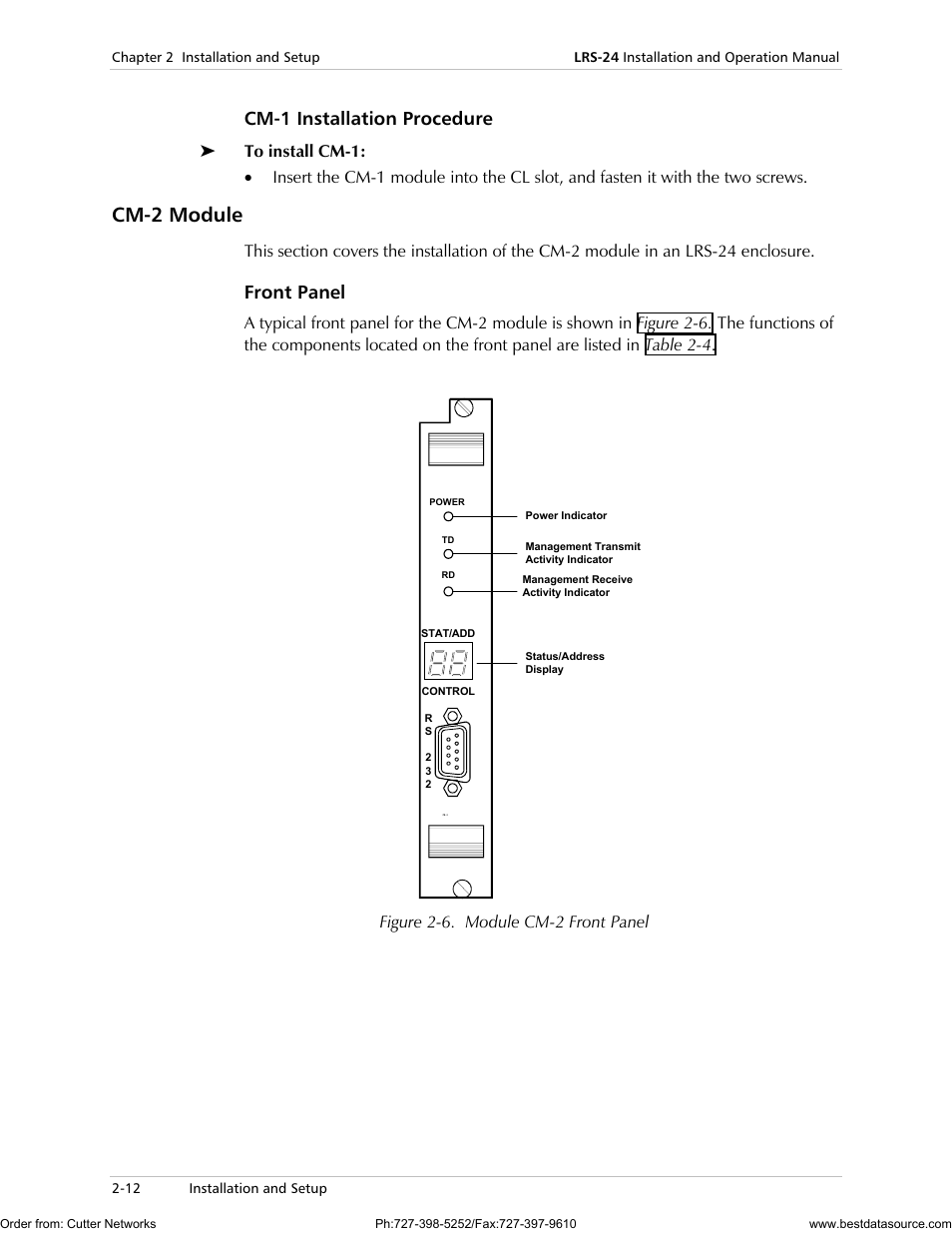 Cm-2 module, Cm-1 installation procedure, Front panel | Figure 2-6. module cm-2 front panel | RAD Data comm LRS-24 User Manual | Page 40 / 150