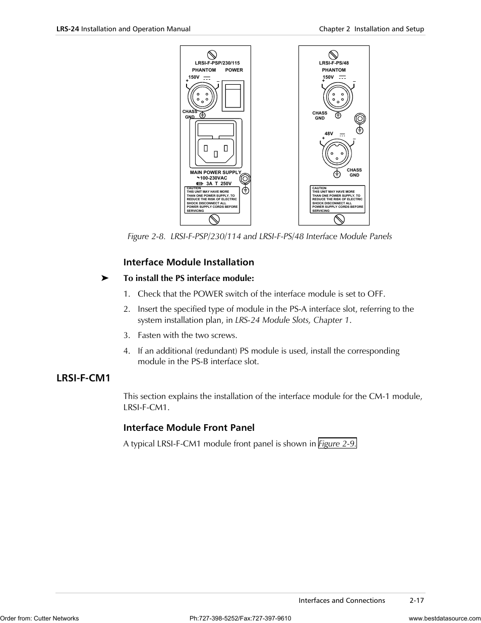 Lrsi-f-cm1, Interface module installation, Interface module front panel | RAD Data comm LRS-24 User Manual | Page 45 / 150