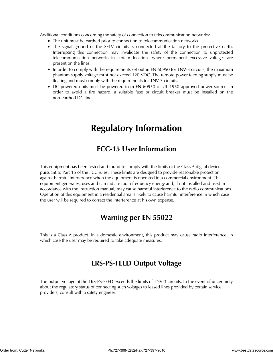 Regulatory information, Fcc-15 user information, Lrs-ps-feed output voltage | RAD Data comm LRS-24 User Manual | Page 5 / 150