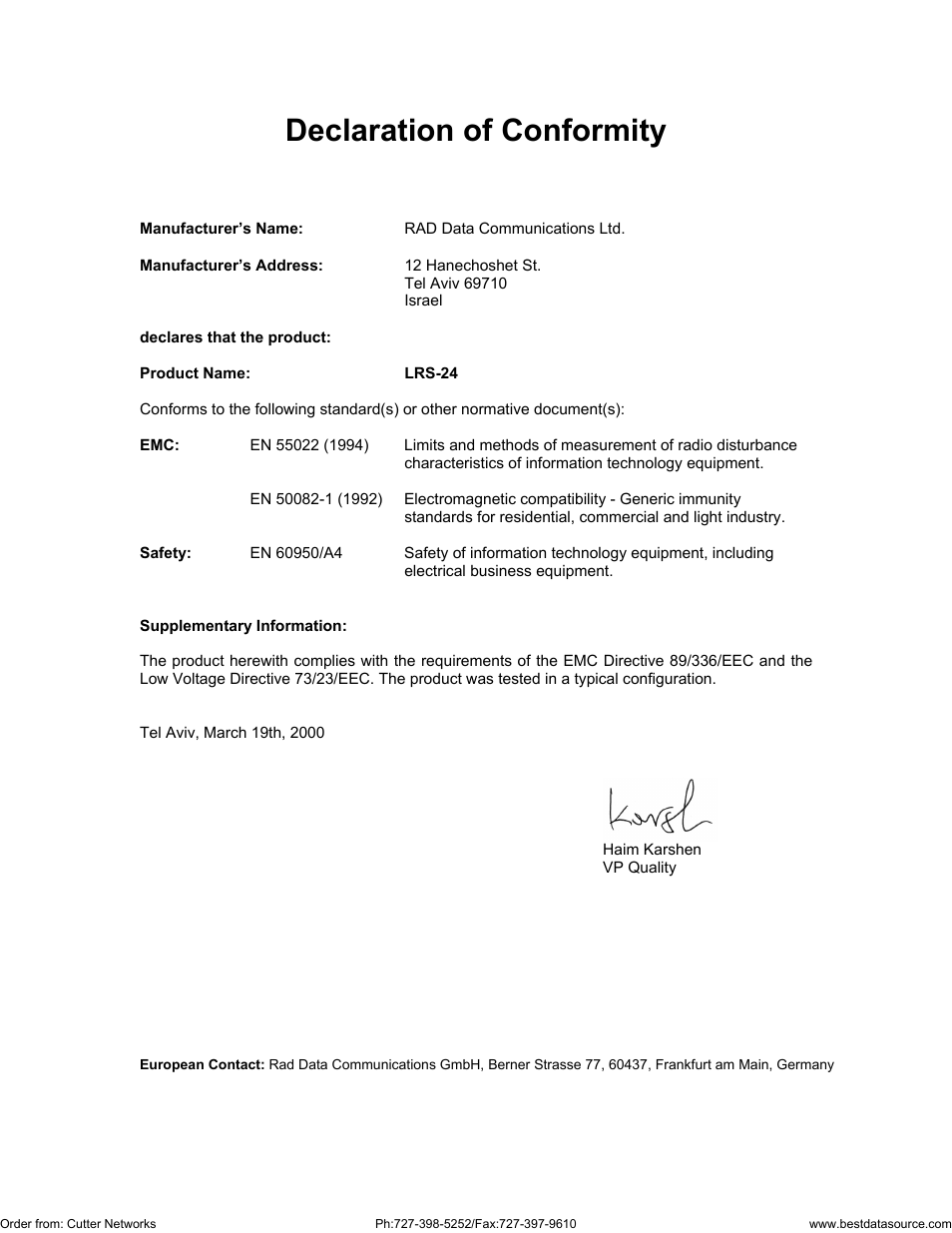 Declaration of conformity | RAD Data comm LRS-24 User Manual | Page 6 / 150