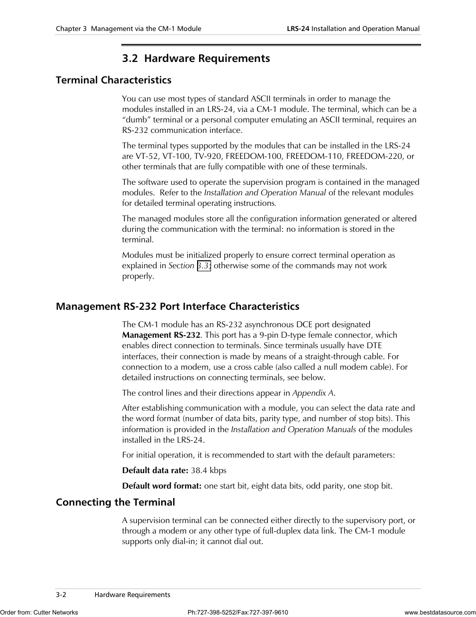 2 hardware requirements, Terminal characteristics, Management rs-232 port interface characteristics | Connecting the terminal | RAD Data comm LRS-24 User Manual | Page 60 / 150