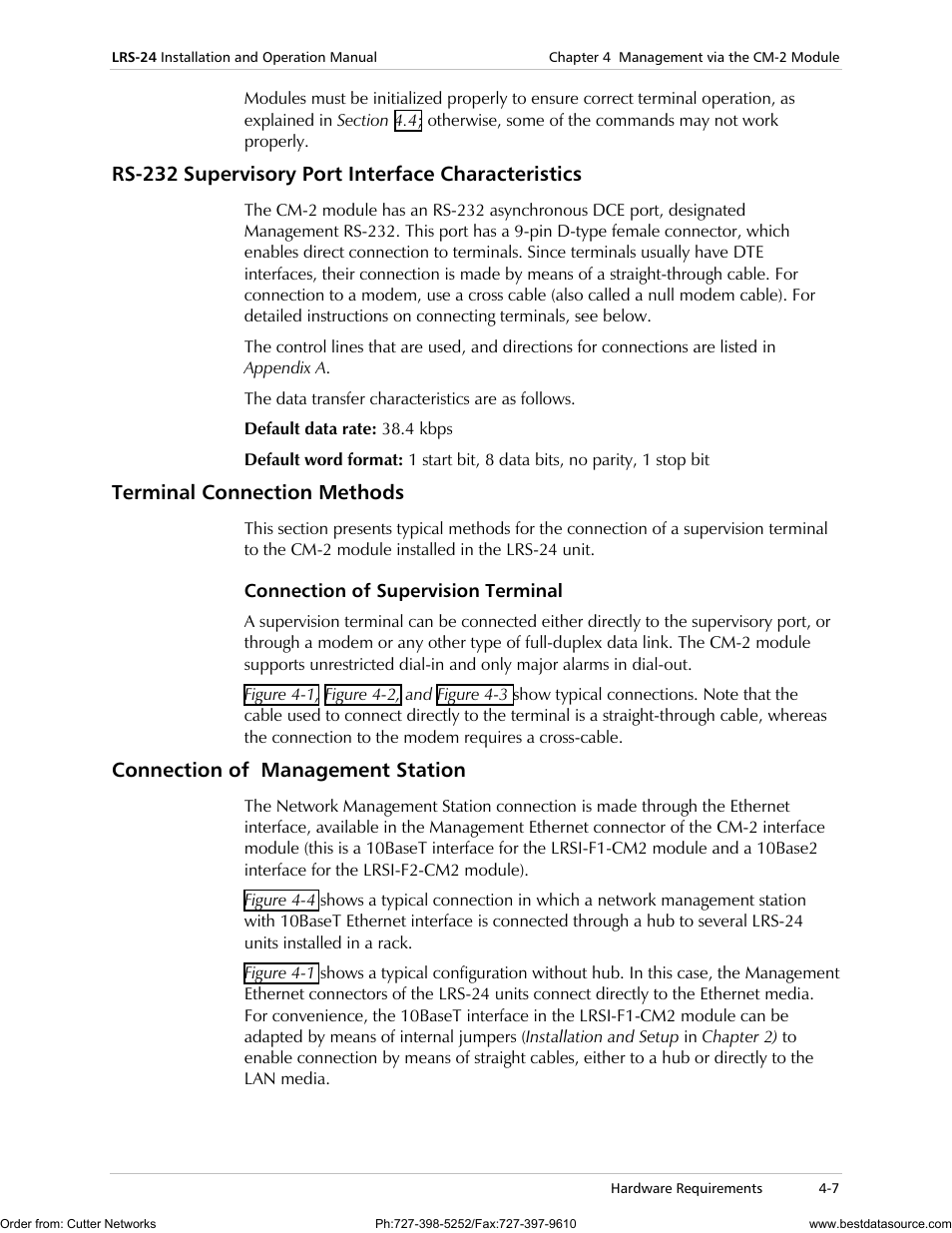 Rs-232 supervisory port interface characteristics, Terminal connection methods, Connection of management station | RAD Data comm LRS-24 User Manual | Page 71 / 150