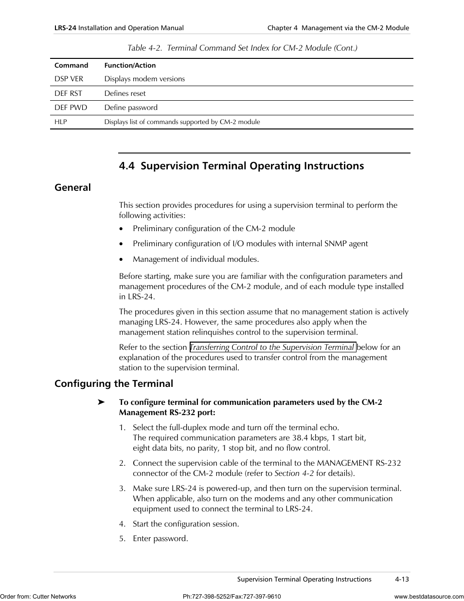 Section 4.4 ; otherwise, some o, 4 supervision terminal operating instructions, General | Configuring the terminal | RAD Data comm LRS-24 User Manual | Page 77 / 150