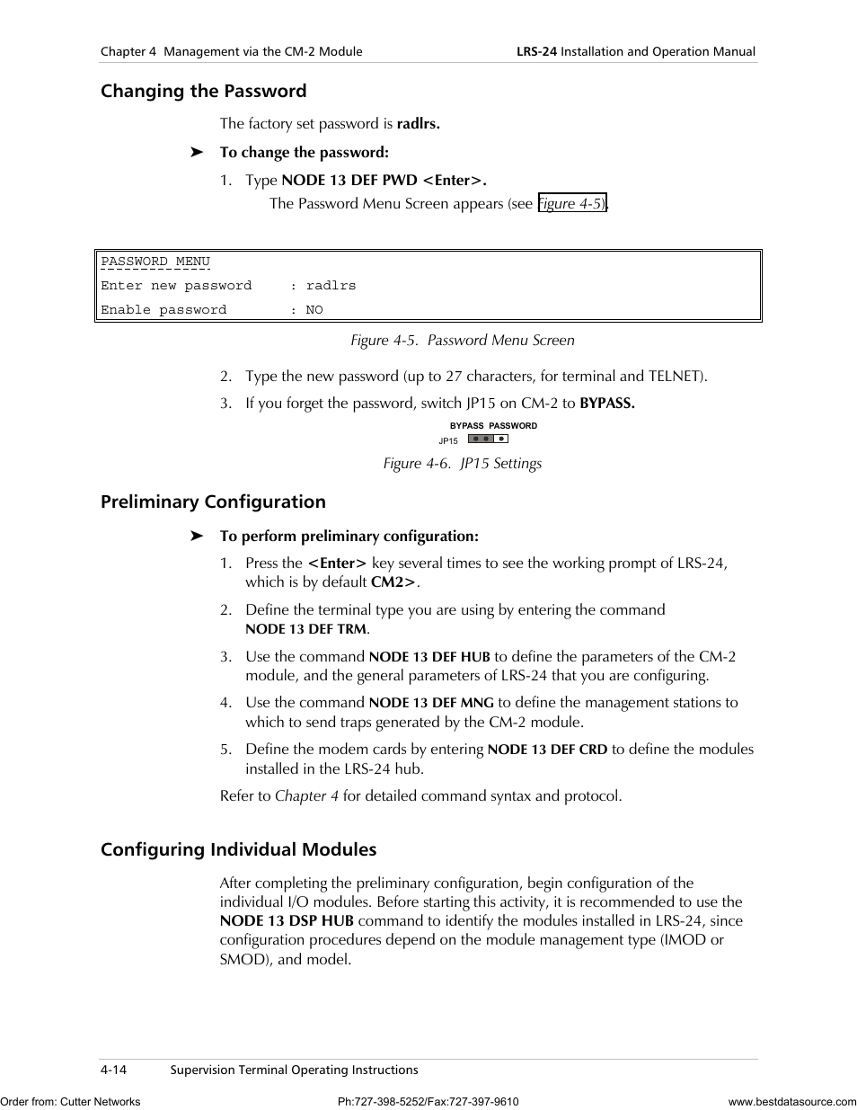 Changing the password, Preliminary configuration, Configuring individual modules | RAD Data comm LRS-24 User Manual | Page 78 / 150