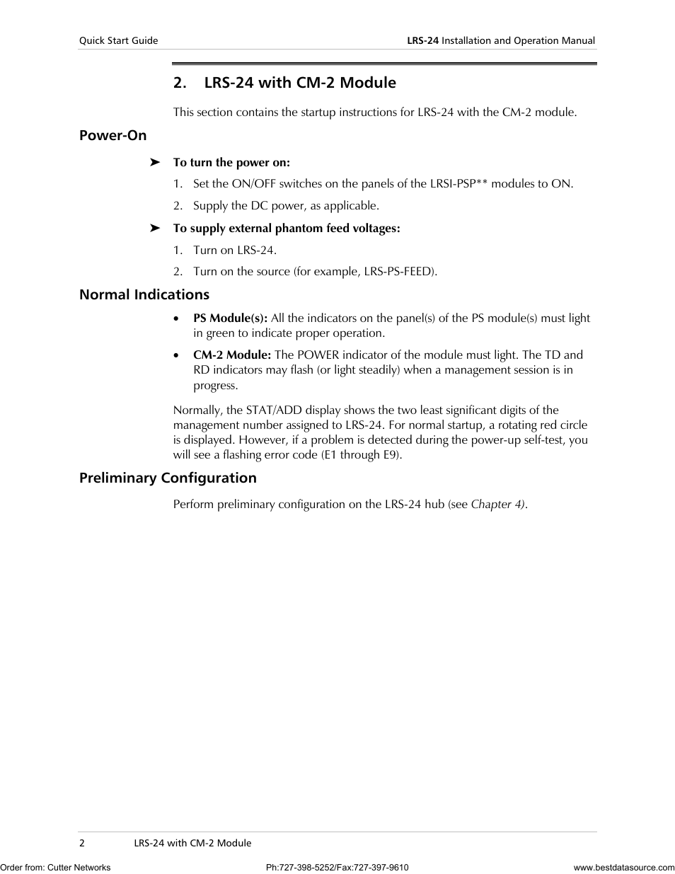 Lrs-24 with cm-2 module, Power-on, Normal indications | Preliminary configuration | RAD Data comm LRS-24 User Manual | Page 8 / 150