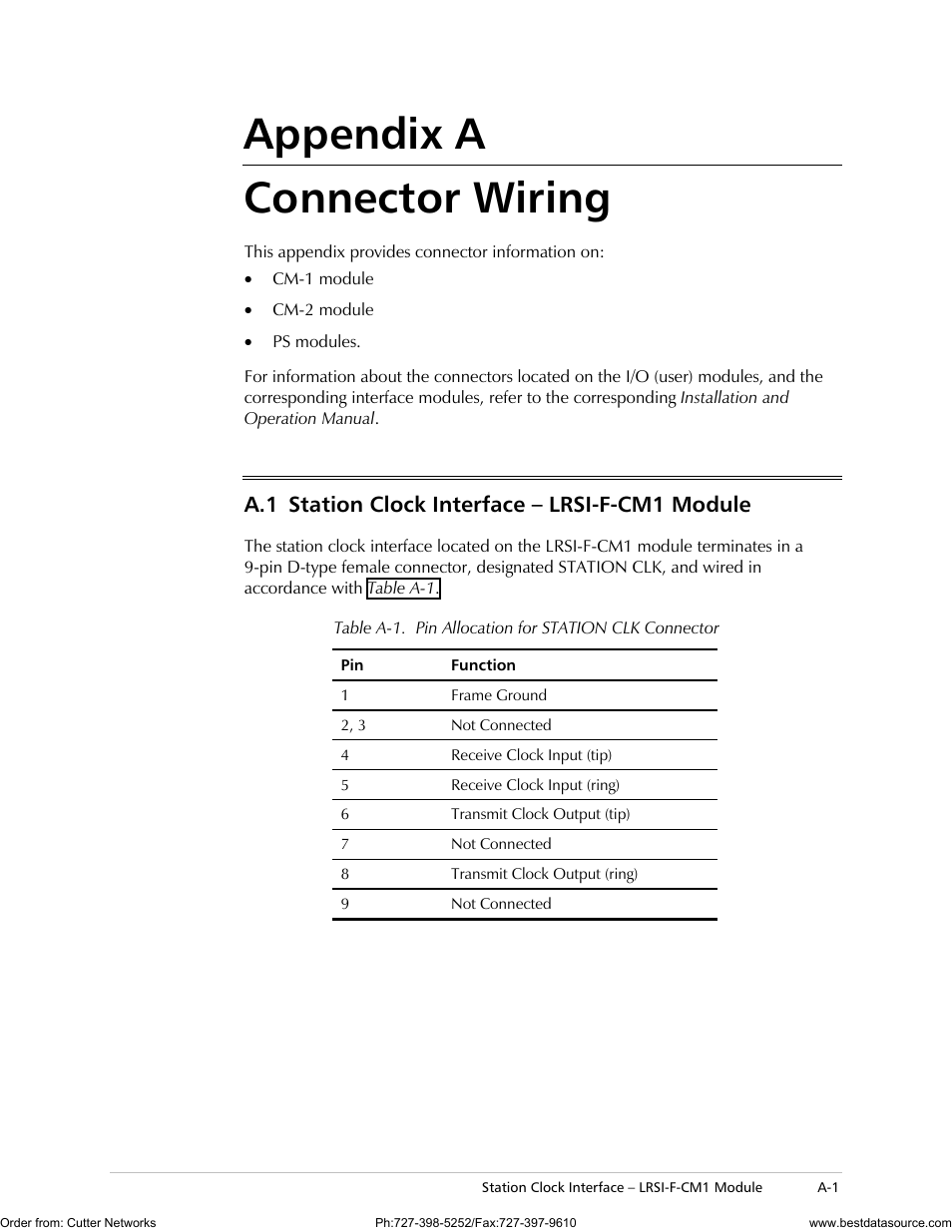 Connector wiring, Appendix a connector wiring, A.1 station clock interface – lrsi-f-cm1 module | RAD Data comm LRS-24 User Manual | Page 85 / 150