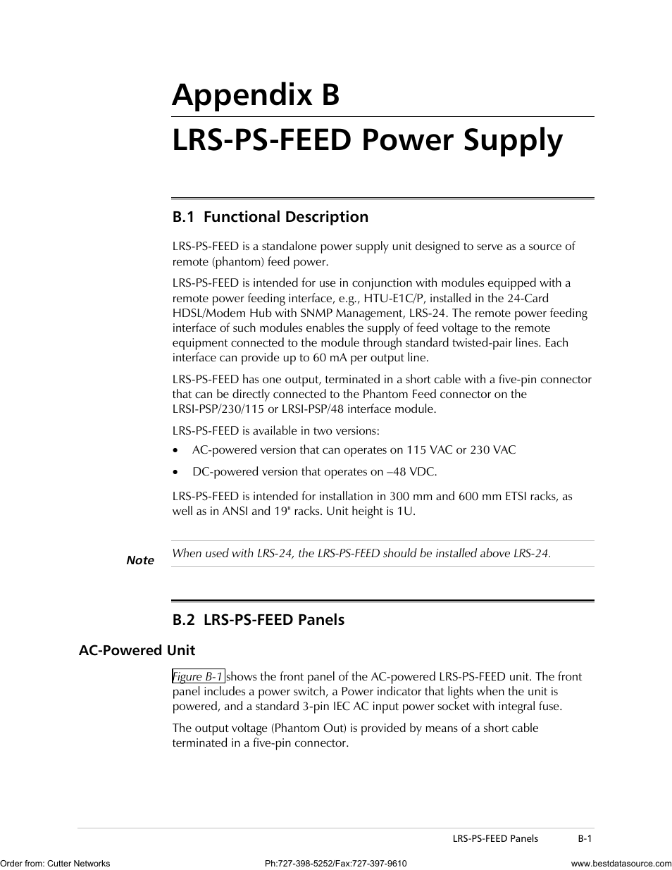 Lrs-ps-feed power supply, Appendix b lrs-ps-feed power supply | RAD Data comm LRS-24 User Manual | Page 89 / 150