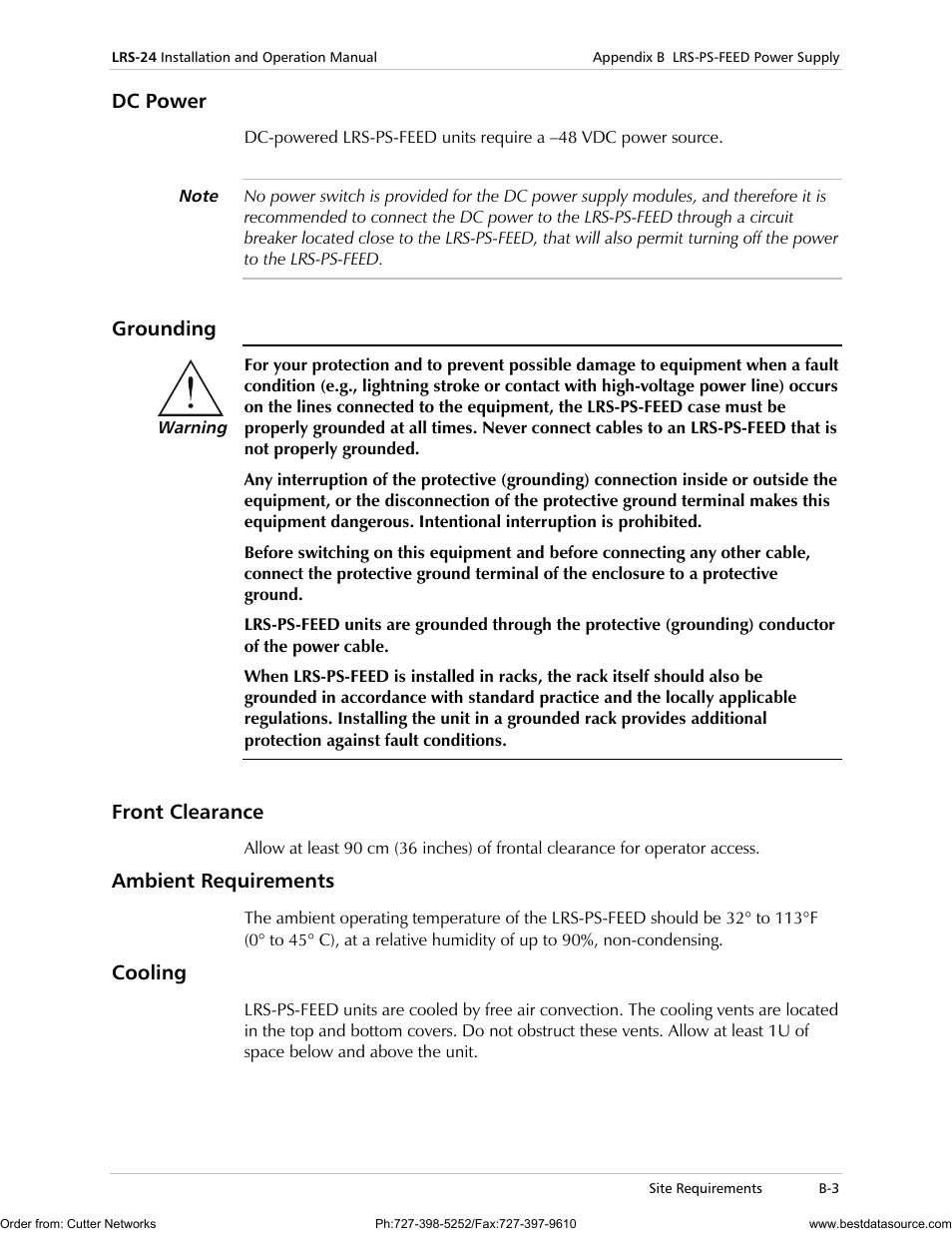 Dc power, Grounding, Front clearance | Ambient requirements, Cooling | RAD Data comm LRS-24 User Manual | Page 91 / 150