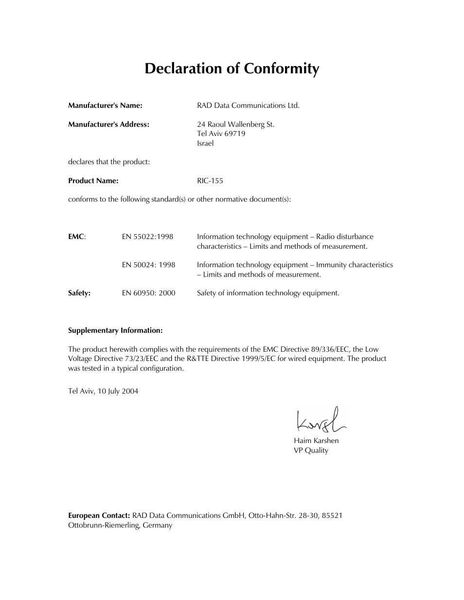 Declaration of conformity | RAD Data comm 10/100BaseT to STM-1/OC-3 Converter RIC-155 User Manual | Page 10 / 90