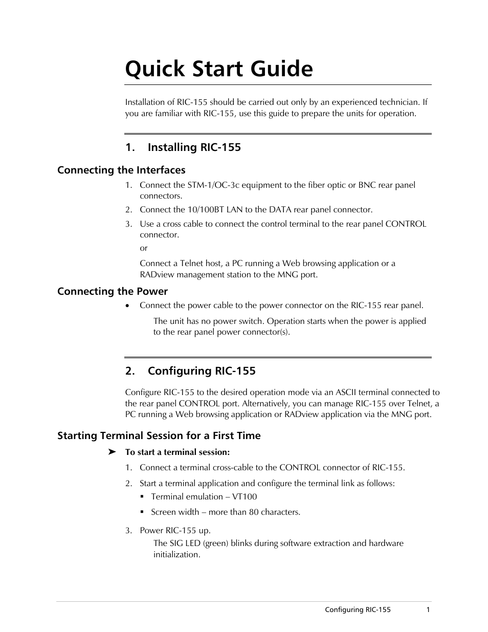 Quick start guide | RAD Data comm 10/100BaseT to STM-1/OC-3 Converter RIC-155 User Manual | Page 11 / 90