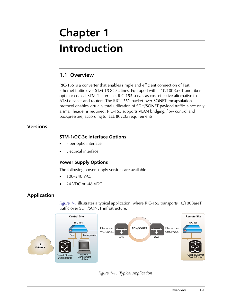 Chapter 1. introduction, Overview, Versions | Stm-1/oc-3c interface options, Power supply options, Application, Chapter 1 introduction, 1 overview, Fiber optic interface • electrical interface, Figure 1-1. typical application | RAD Data comm 10/100BaseT to STM-1/OC-3 Converter RIC-155 User Manual | Page 15 / 90