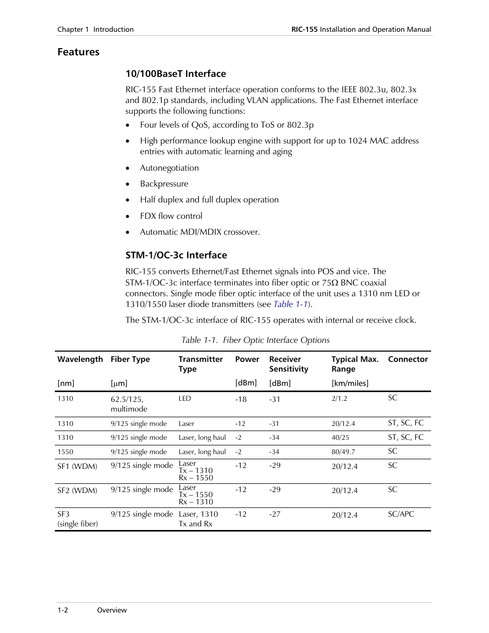 Features, 10/100baset interface, Stm-1/oc-3c interface | RAD Data comm 10/100BaseT to STM-1/OC-3 Converter RIC-155 User Manual | Page 16 / 90