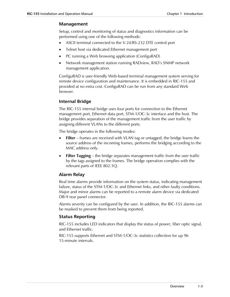 Management, Internal bridge, Alarm relay | Status reporting | RAD Data comm 10/100BaseT to STM-1/OC-3 Converter RIC-155 User Manual | Page 17 / 90