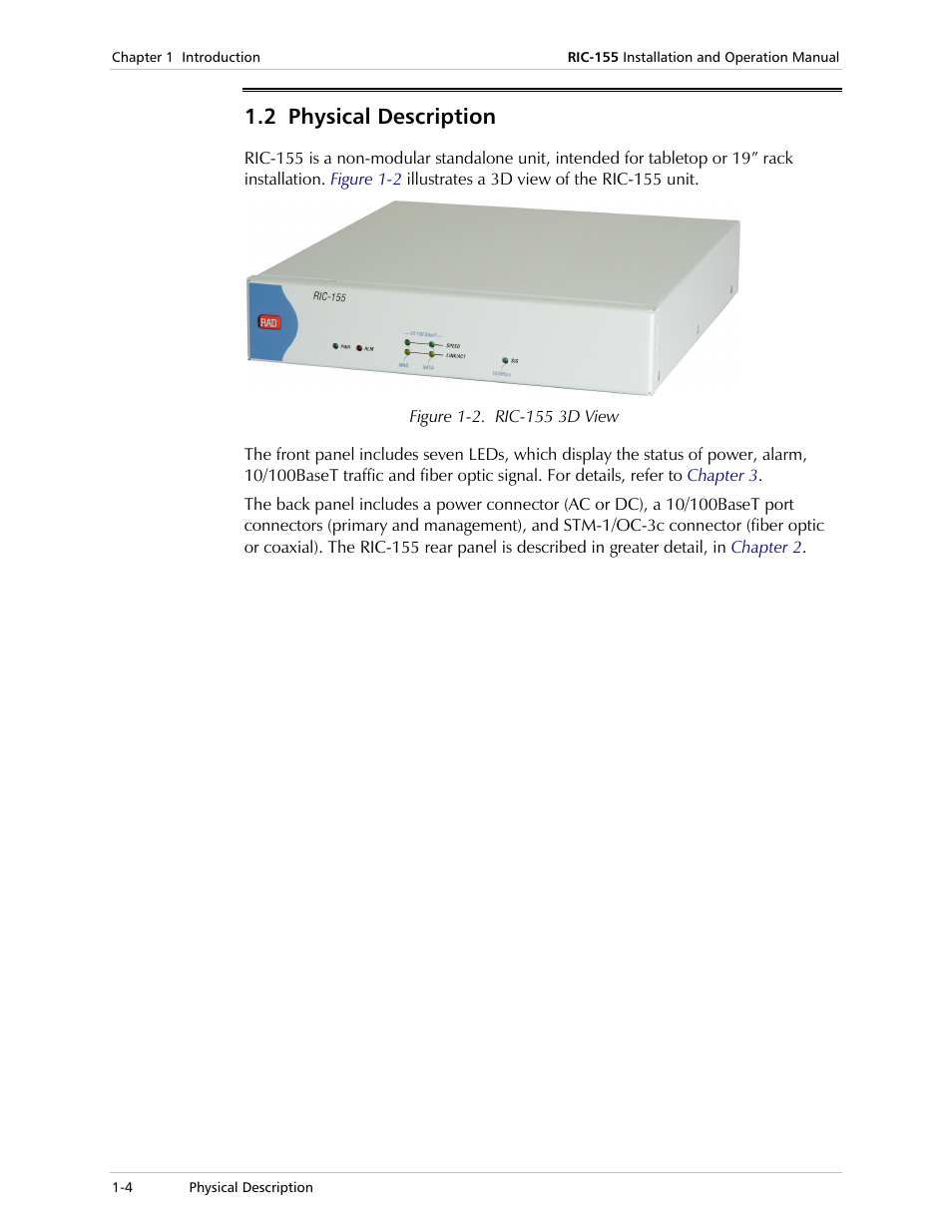 Physical description, 2 physical description | RAD Data comm 10/100BaseT to STM-1/OC-3 Converter RIC-155 User Manual | Page 18 / 90