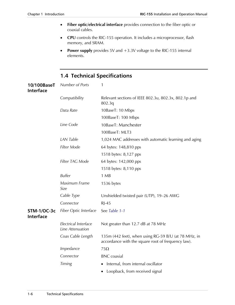 Technical specifications, 4 technical specifications | RAD Data comm 10/100BaseT to STM-1/OC-3 Converter RIC-155 User Manual | Page 20 / 90