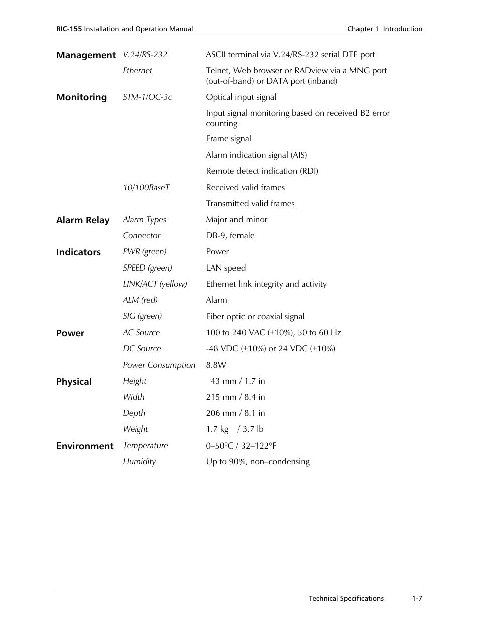 RAD Data comm 10/100BaseT to STM-1/OC-3 Converter RIC-155 User Manual | Page 21 / 90