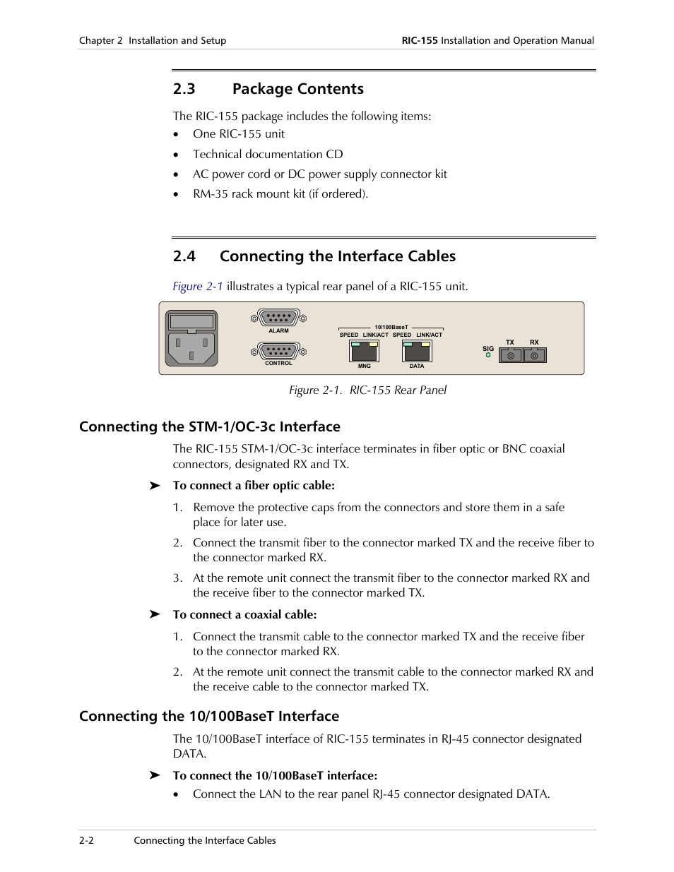 Package contents, Connecting the interface cables, Connecting the stm-1/oc-3c interface | Connecting the 10/100baset interface, 3 package contents, 4 connecting the interface cables | RAD Data comm 10/100BaseT to STM-1/OC-3 Converter RIC-155 User Manual | Page 24 / 90