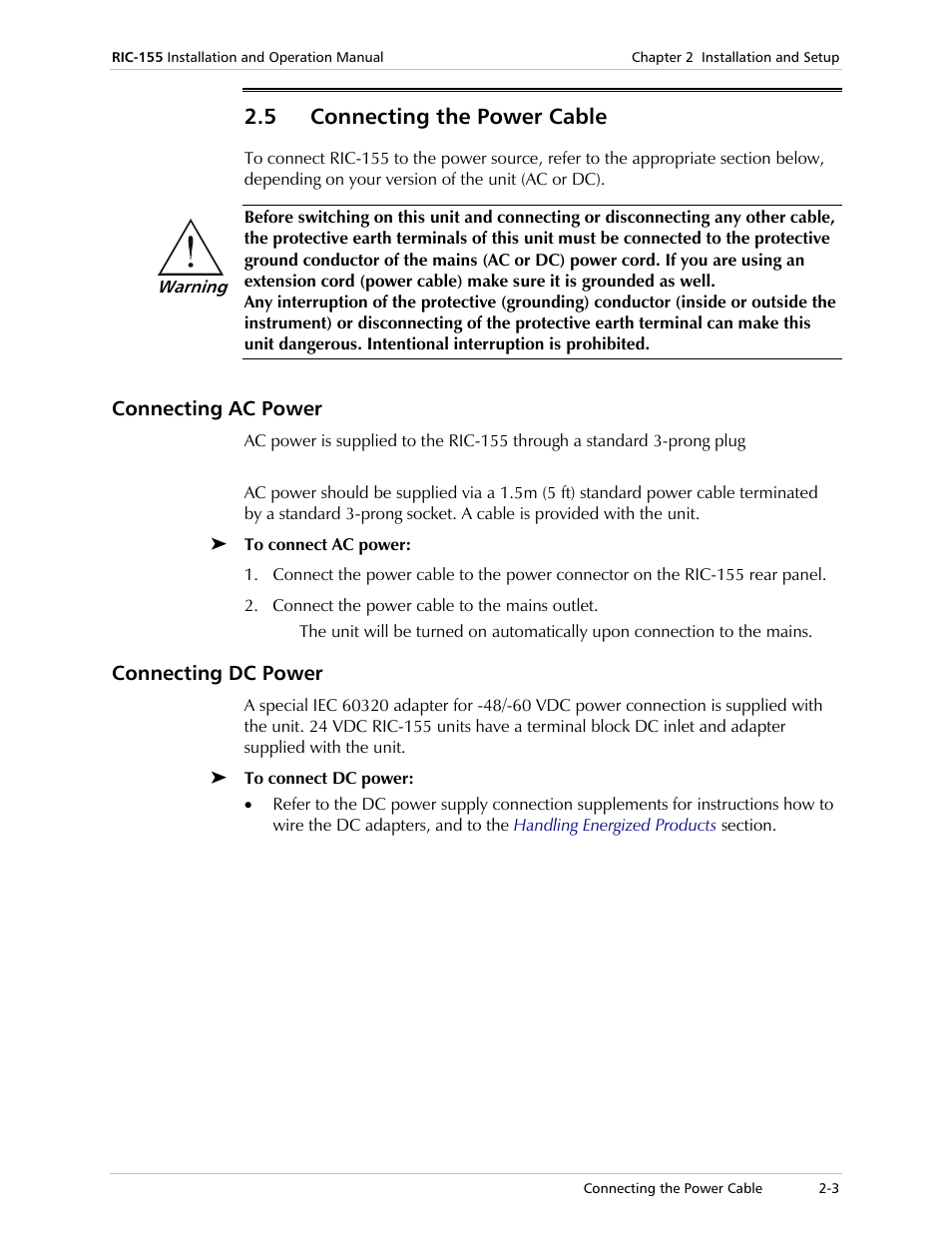 Connecting the power cable, Connecting ac power, Connecting dc power | 5 connecting the power cable | RAD Data comm 10/100BaseT to STM-1/OC-3 Converter RIC-155 User Manual | Page 25 / 90