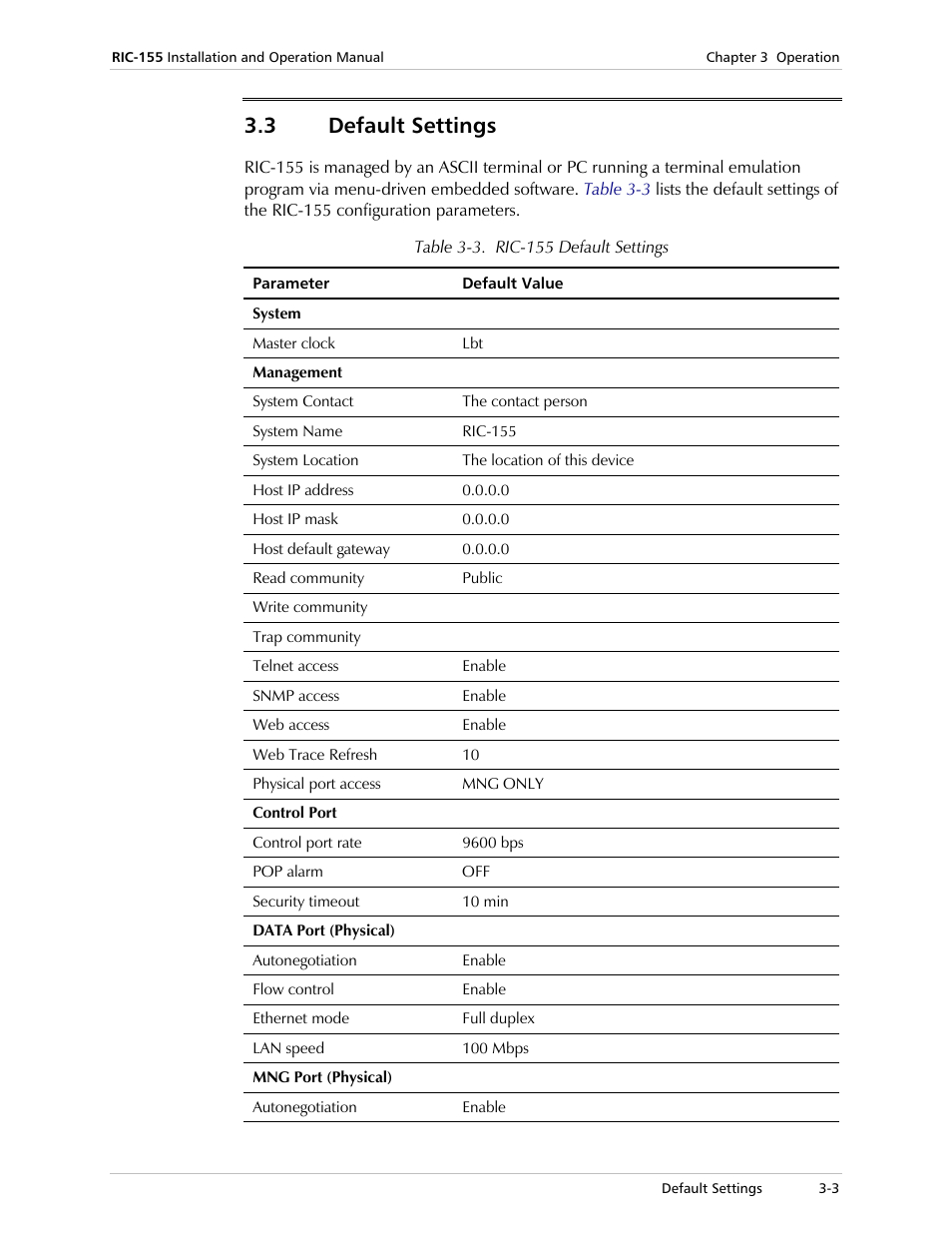 Default settings, 3 default settings | RAD Data comm 10/100BaseT to STM-1/OC-3 Converter RIC-155 User Manual | Page 29 / 90