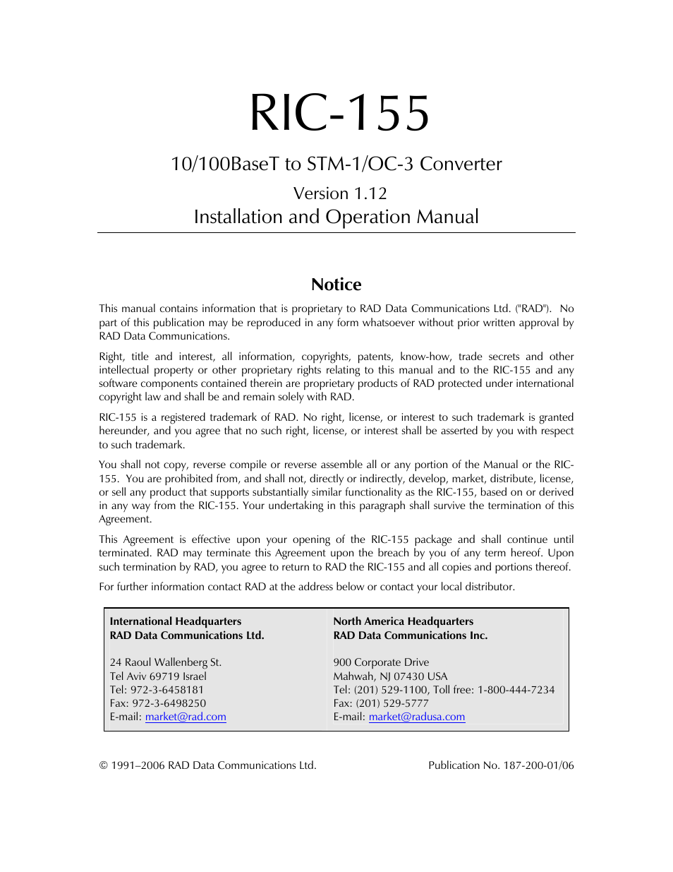 Ric-155, Installation and operation manual, Version 1.12 | Notice | RAD Data comm 10/100BaseT to STM-1/OC-3 Converter RIC-155 User Manual | Page 3 / 90