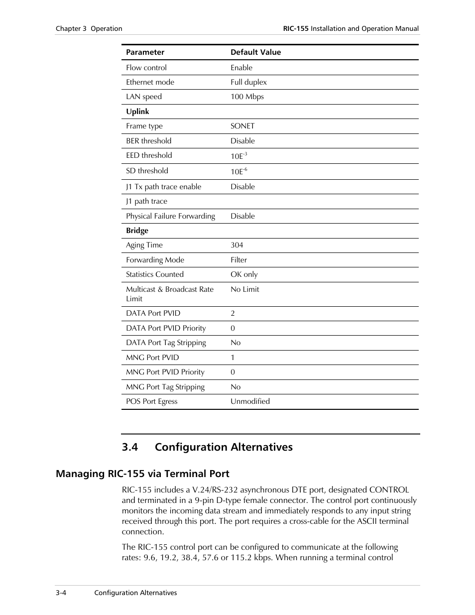 Configuration alternatives, Managing ric-155 via terminal port, 4 configuration alternatives | RAD Data comm 10/100BaseT to STM-1/OC-3 Converter RIC-155 User Manual | Page 30 / 90