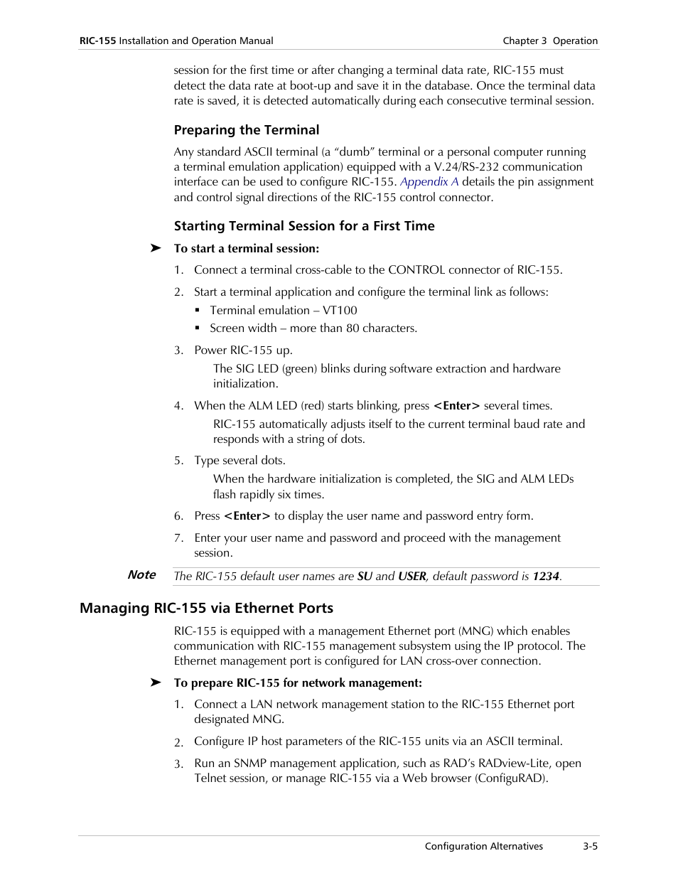 Preparing the terminal, Starting terminal session for a first time, Managing ric-155 via ethernet ports | RAD Data comm 10/100BaseT to STM-1/OC-3 Converter RIC-155 User Manual | Page 31 / 90