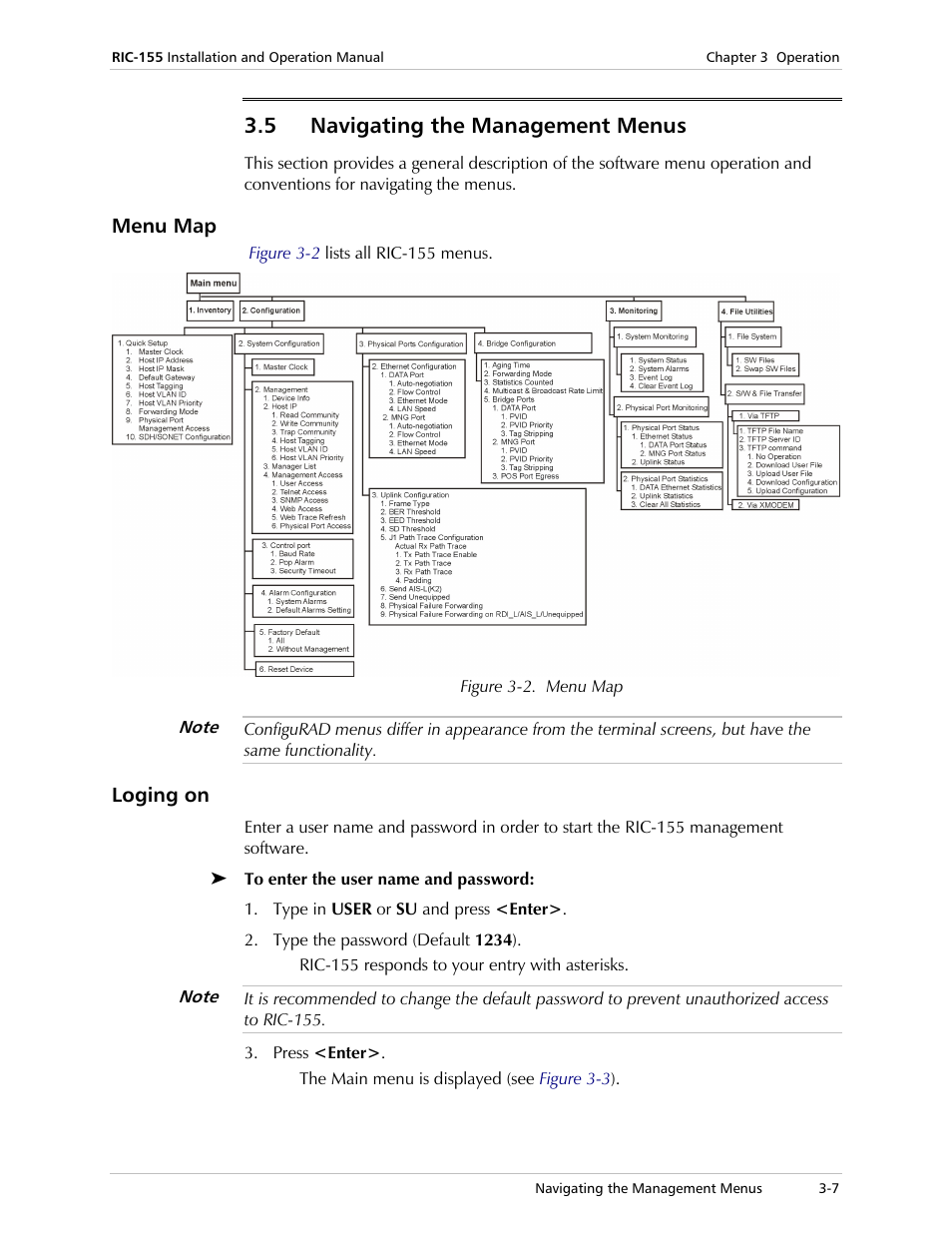 Navigating the management menus, Menu map, Loging on | 5 navigating the management menus | RAD Data comm 10/100BaseT to STM-1/OC-3 Converter RIC-155 User Manual | Page 33 / 90