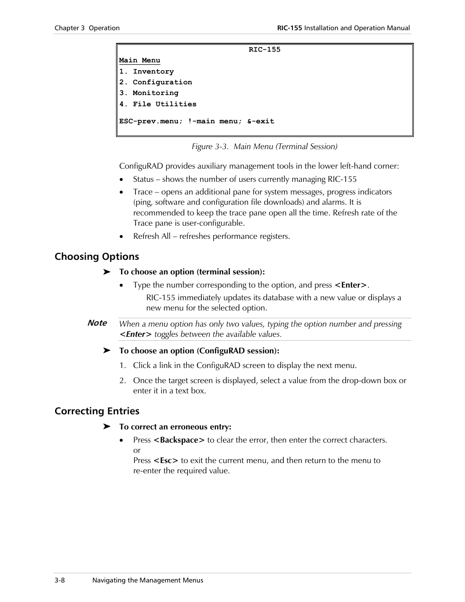 Choosing options, Correcting entries, Figure 3-3 | RAD Data comm 10/100BaseT to STM-1/OC-3 Converter RIC-155 User Manual | Page 34 / 90