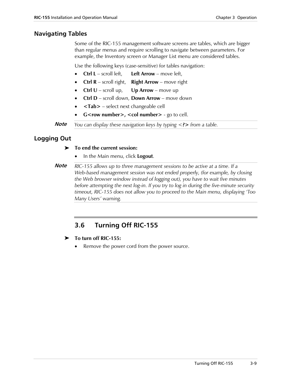 Navigating tables, Logging out, Turning off ric-155 | 6 turning off ric-155 | RAD Data comm 10/100BaseT to STM-1/OC-3 Converter RIC-155 User Manual | Page 35 / 90