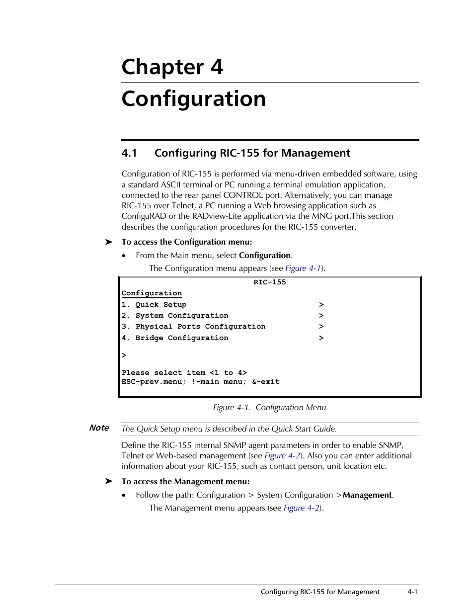 Chapter 4. configuration, Configuring ric-155 for management, Chapter 4 configuration | 1 configuring ric-155 for management | RAD Data comm 10/100BaseT to STM-1/OC-3 Converter RIC-155 User Manual | Page 37 / 90