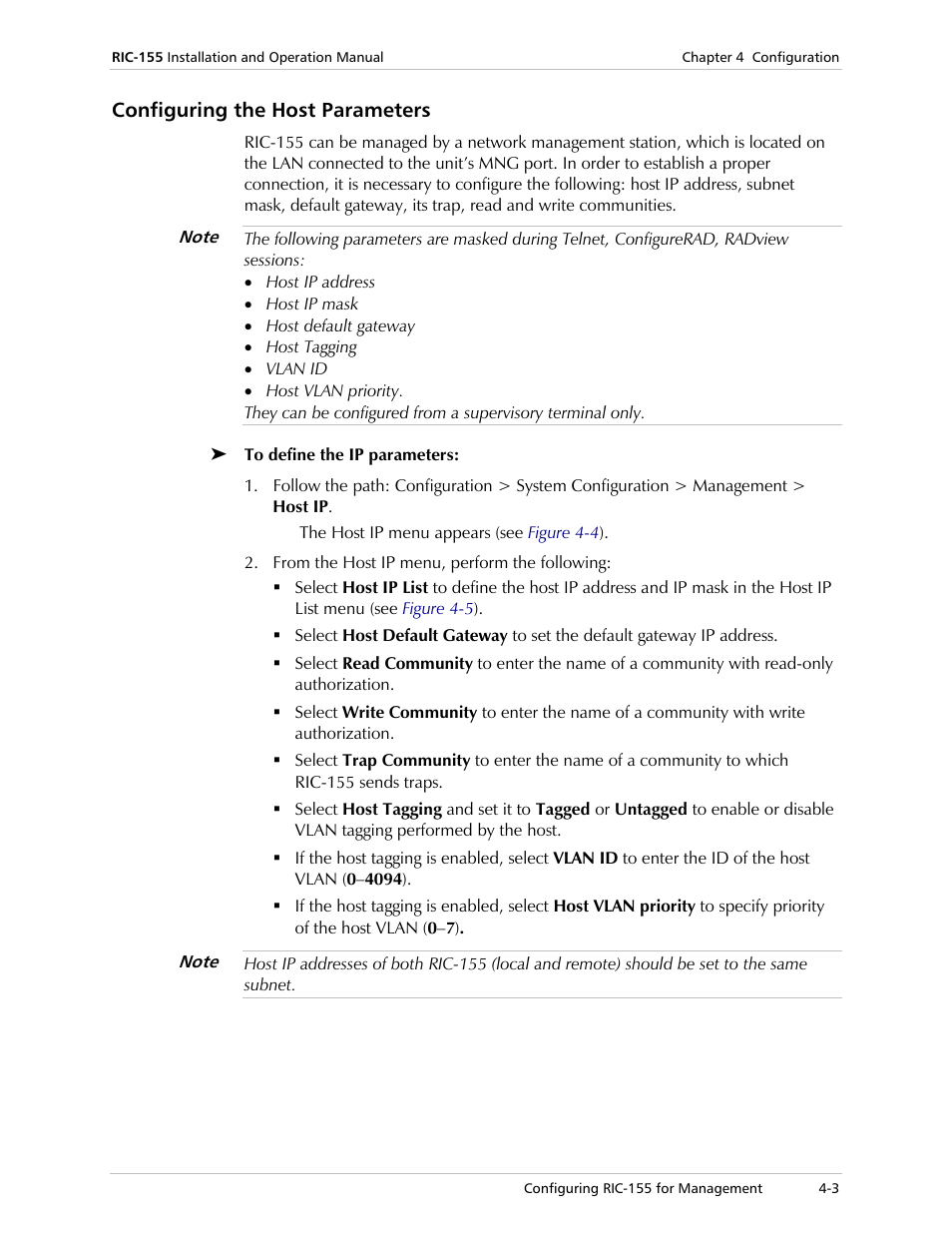 Configuring the host parameters | RAD Data comm 10/100BaseT to STM-1/OC-3 Converter RIC-155 User Manual | Page 39 / 90