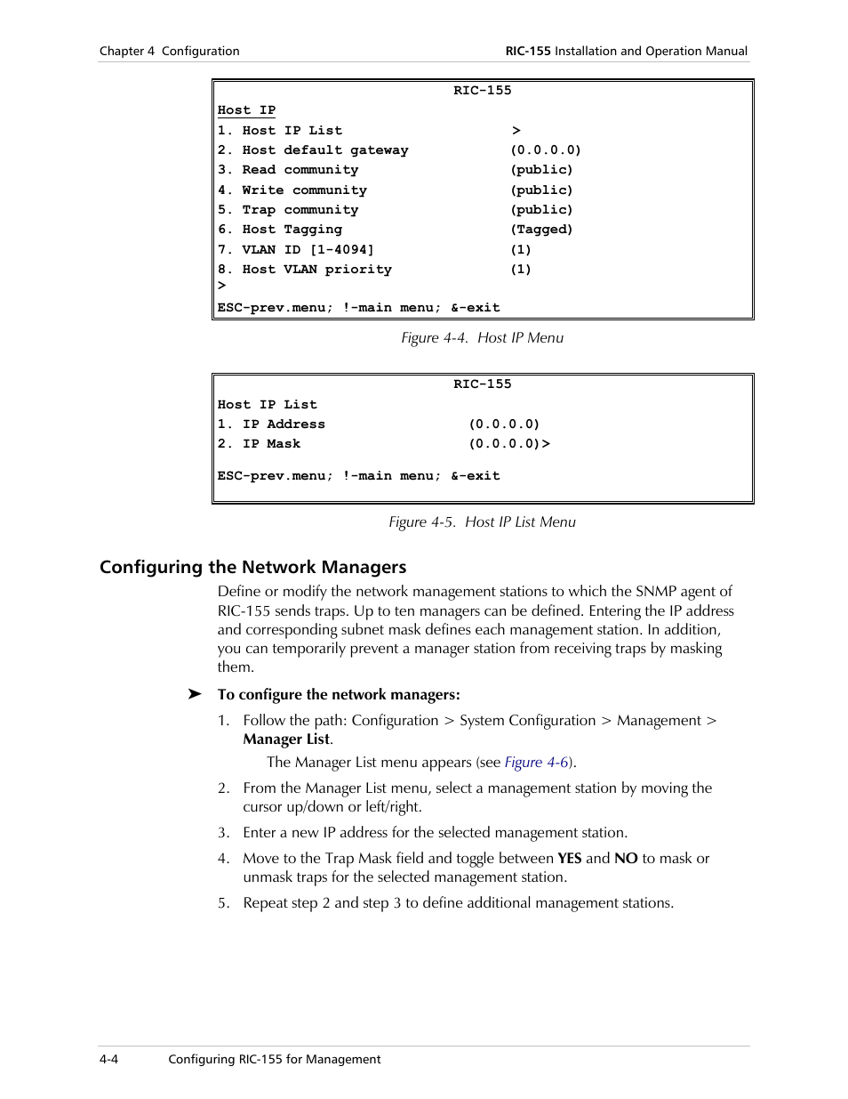 Configuring the network managers, Appears (see, Figure 4-4 | Figure 4-5 | RAD Data comm 10/100BaseT to STM-1/OC-3 Converter RIC-155 User Manual | Page 40 / 90