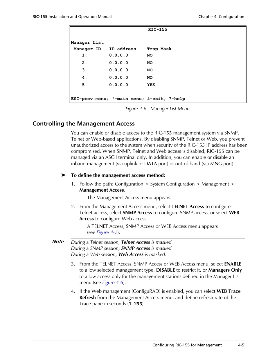 Controlling the management access | RAD Data comm 10/100BaseT to STM-1/OC-3 Converter RIC-155 User Manual | Page 41 / 90