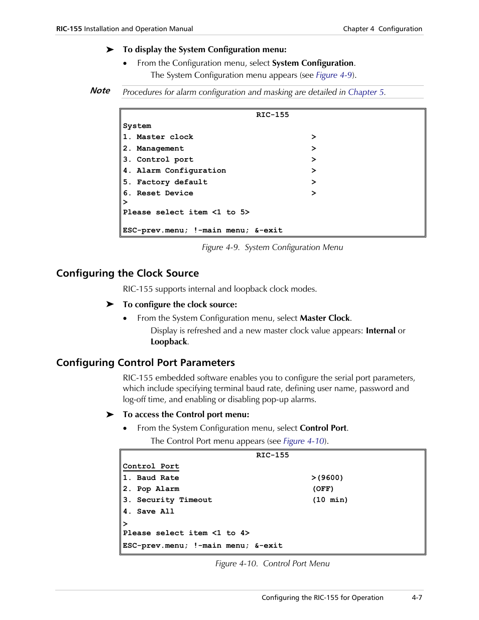 Configuring the clock source, Configuring control port parameters | RAD Data comm 10/100BaseT to STM-1/OC-3 Converter RIC-155 User Manual | Page 43 / 90