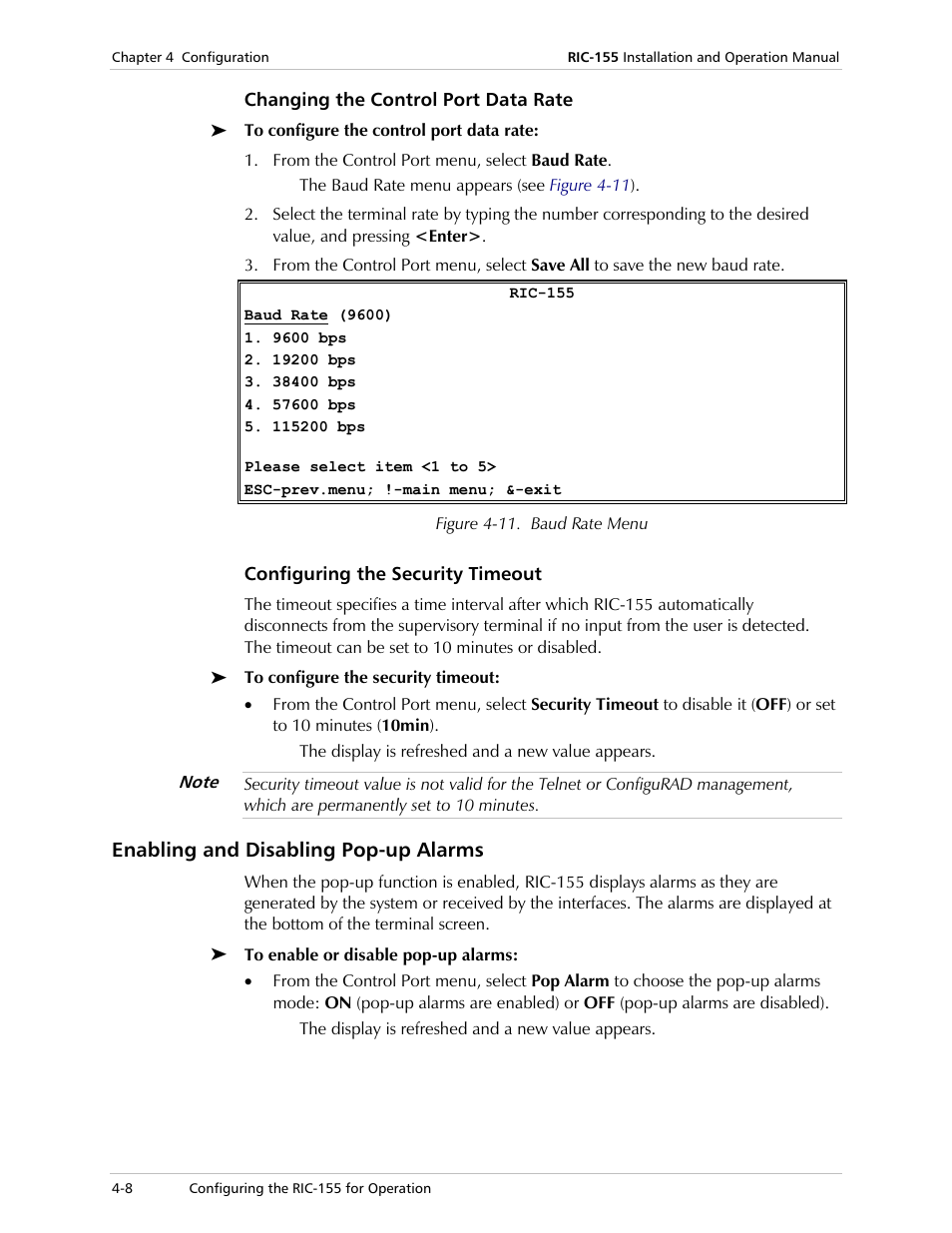 Changing the control port data rate, Configuring the security timeout, Enabling and disabling pop-up alarms | RAD Data comm 10/100BaseT to STM-1/OC-3 Converter RIC-155 User Manual | Page 44 / 90