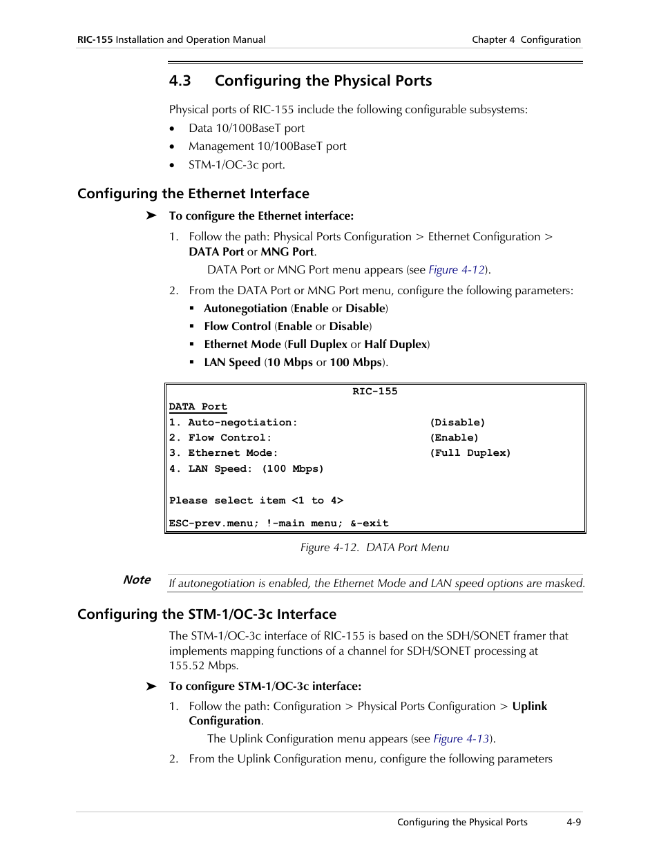 Configuring the physical ports, Configuring the ethernet interface, Configuring the stm-1/oc-3c interface | 3 configuring the physical ports | RAD Data comm 10/100BaseT to STM-1/OC-3 Converter RIC-155 User Manual | Page 45 / 90