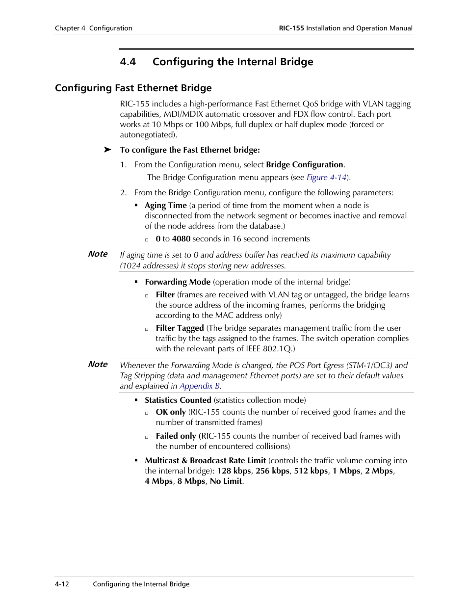 Configuring the internal bridge, Configuring fast ethernet bridge, 4 configuring the internal bridge | RAD Data comm 10/100BaseT to STM-1/OC-3 Converter RIC-155 User Manual | Page 48 / 90