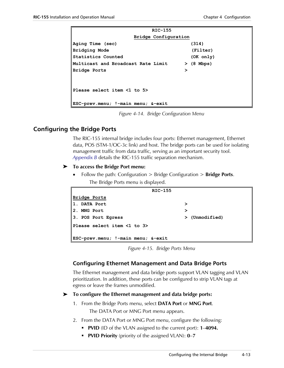 Configuring the bridge ports | RAD Data comm 10/100BaseT to STM-1/OC-3 Converter RIC-155 User Manual | Page 49 / 90