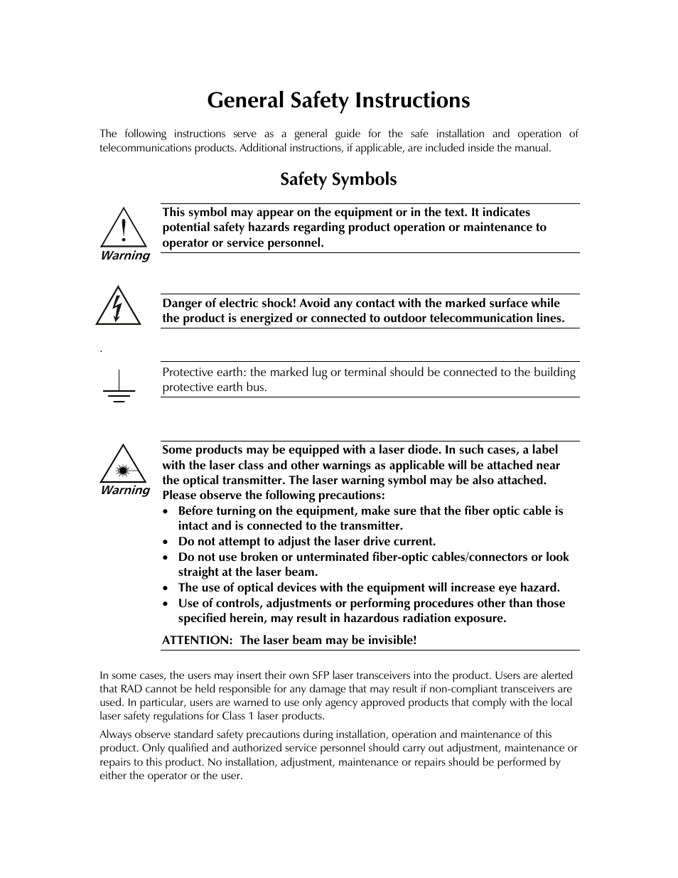 General safety instructions, Safety symbols | RAD Data comm 10/100BaseT to STM-1/OC-3 Converter RIC-155 User Manual | Page 5 / 90