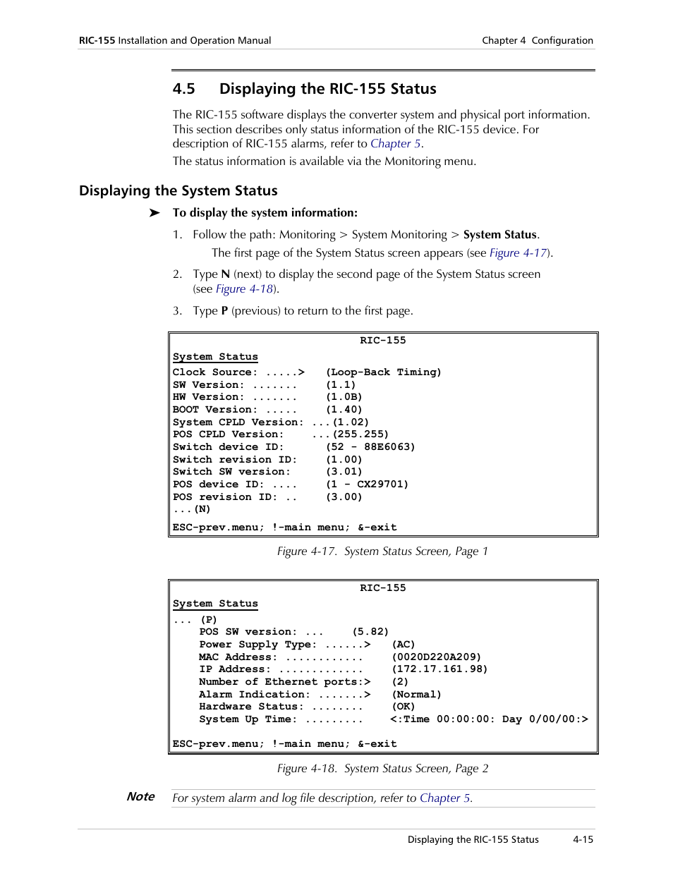 Displaying the ric-155 status, Displaying the system status, 5 displaying the ric-155 status | RAD Data comm 10/100BaseT to STM-1/OC-3 Converter RIC-155 User Manual | Page 51 / 90