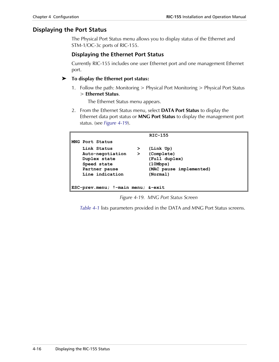 Displaying the port status, Displaying the ethernet port status | RAD Data comm 10/100BaseT to STM-1/OC-3 Converter RIC-155 User Manual | Page 52 / 90