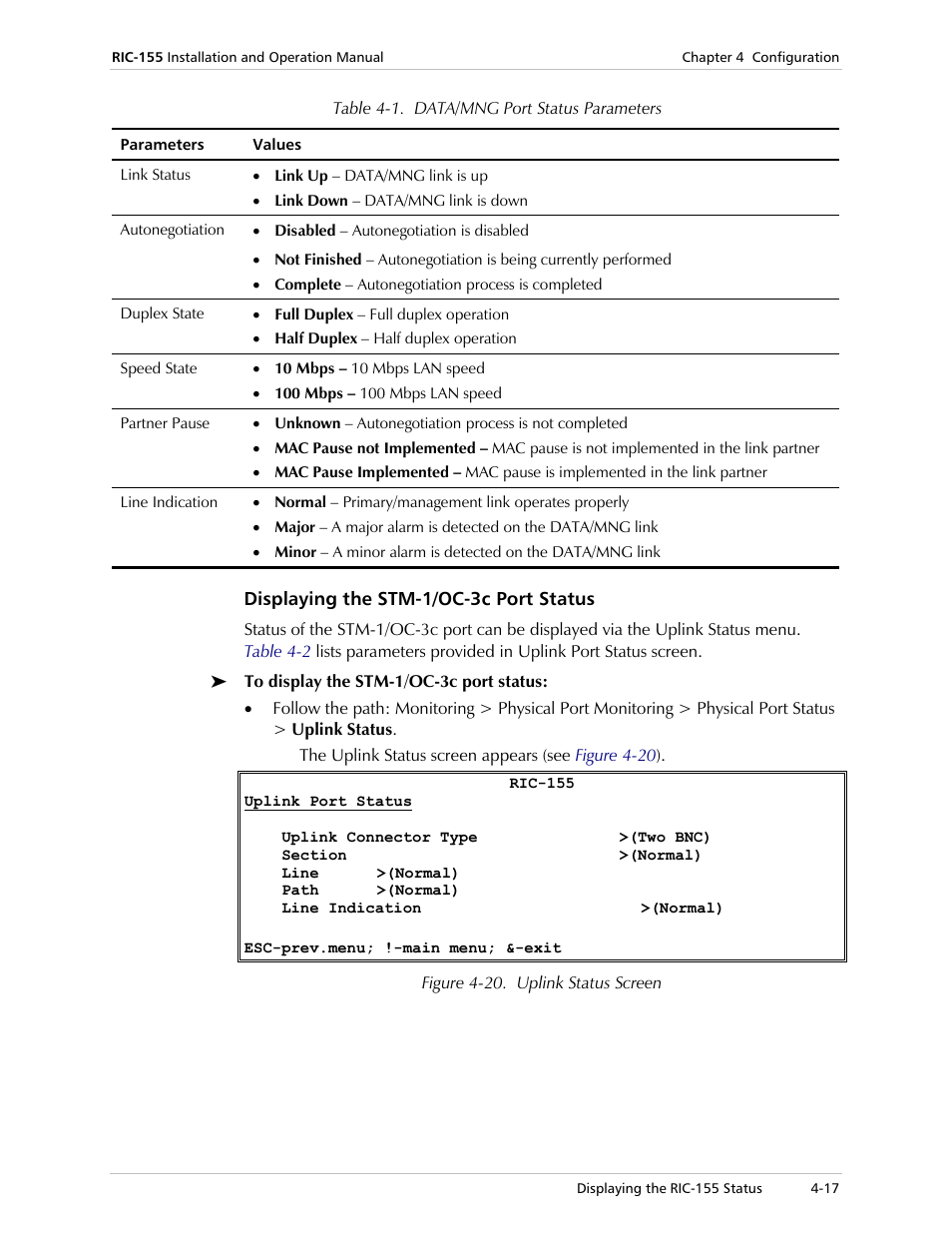 Displaying the stm-1/oc-3c port status, Table 4-1 | RAD Data comm 10/100BaseT to STM-1/OC-3 Converter RIC-155 User Manual | Page 53 / 90