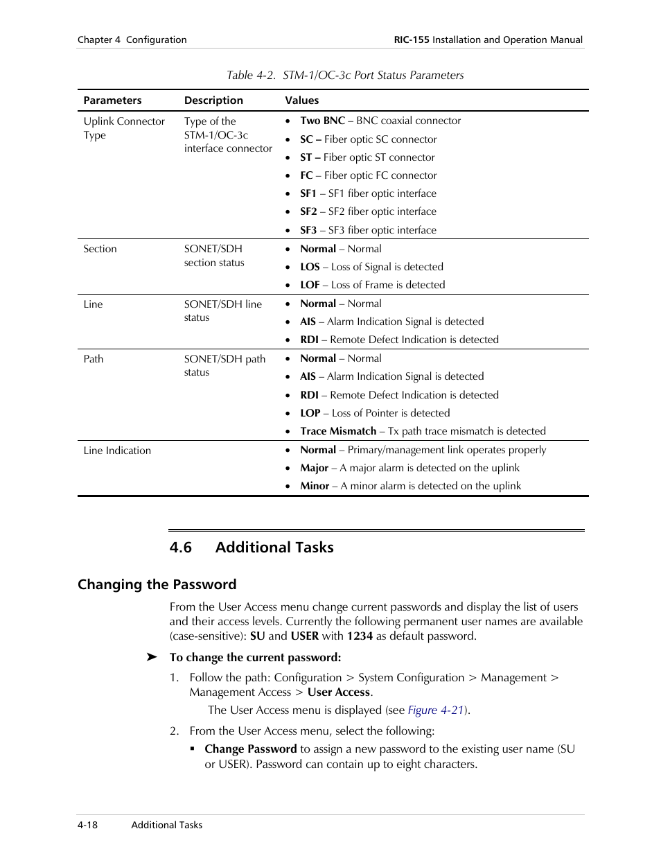 Additional tasks, Changing the password, Table 4-2 | 6 additional tasks | RAD Data comm 10/100BaseT to STM-1/OC-3 Converter RIC-155 User Manual | Page 54 / 90