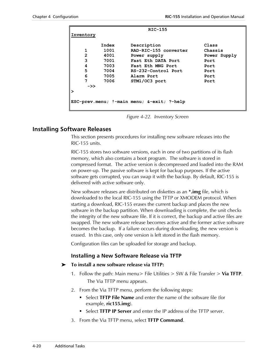 Installing software releases, Installing a new software release via tftp | RAD Data comm 10/100BaseT to STM-1/OC-3 Converter RIC-155 User Manual | Page 56 / 90